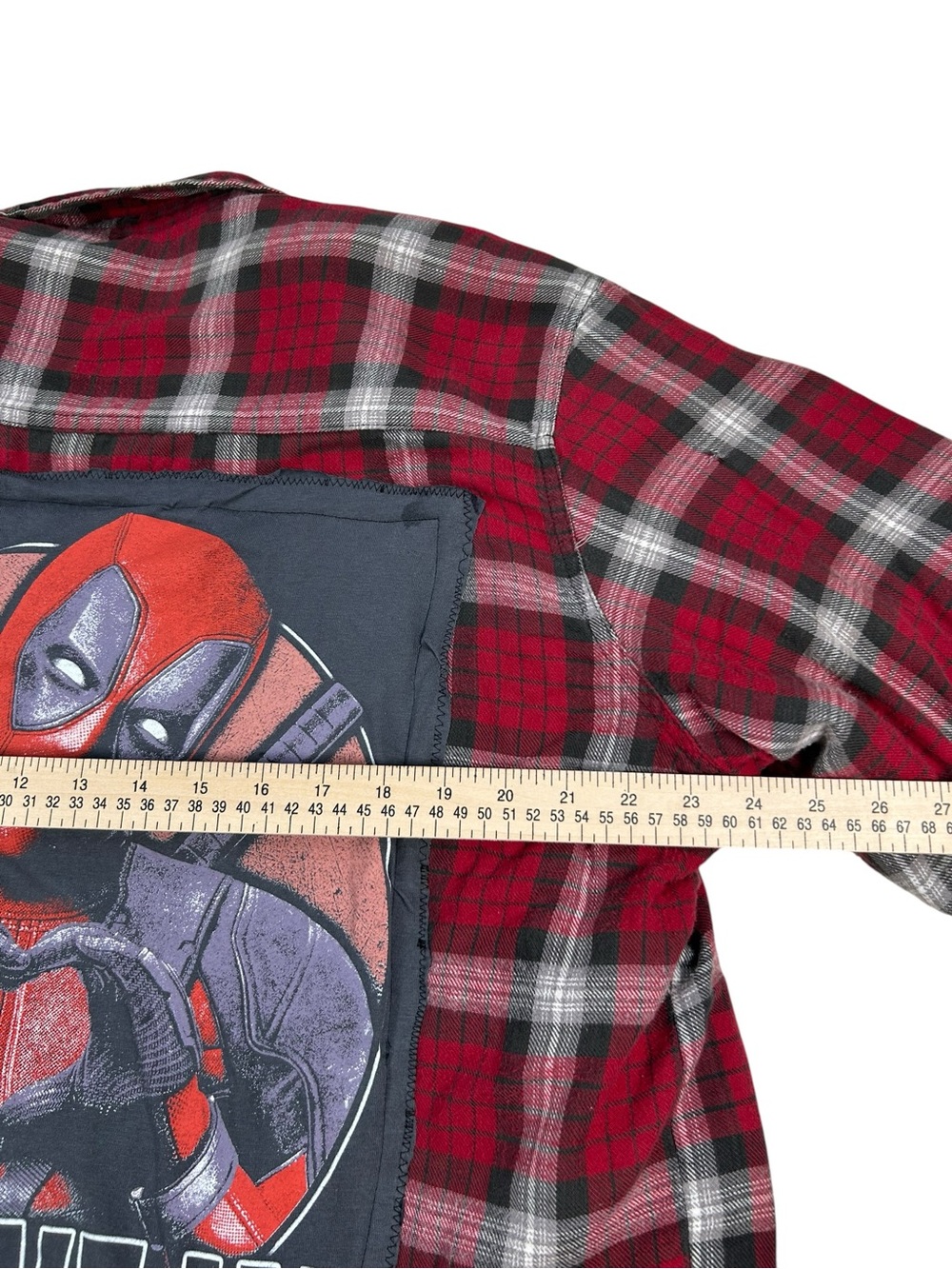 Red Plaid Flannel Jacket with Deadpool Back Patch - "Believe In Yourself" Size L - Picture 7 of 8